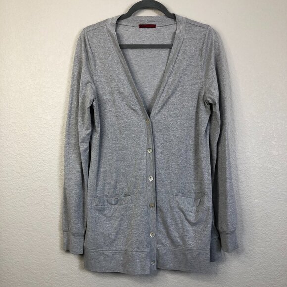 BKE Red Long Sleeve Gray Sparkle Button-Front Cardigan Women's M Pocket Stretch - Picture 2 of 11